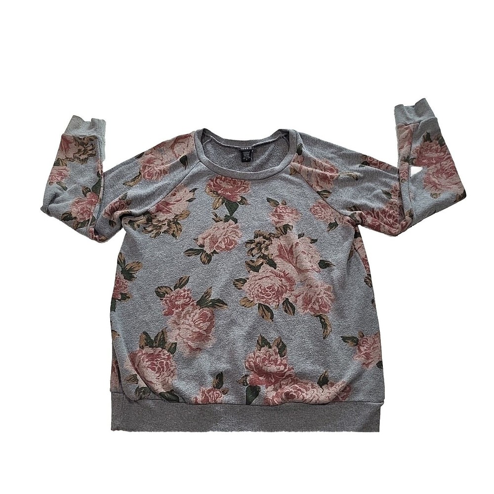 Torrid Women Sweater Sz 0 XL Gray Floral Roses Scoop Long Sleeve Pullover